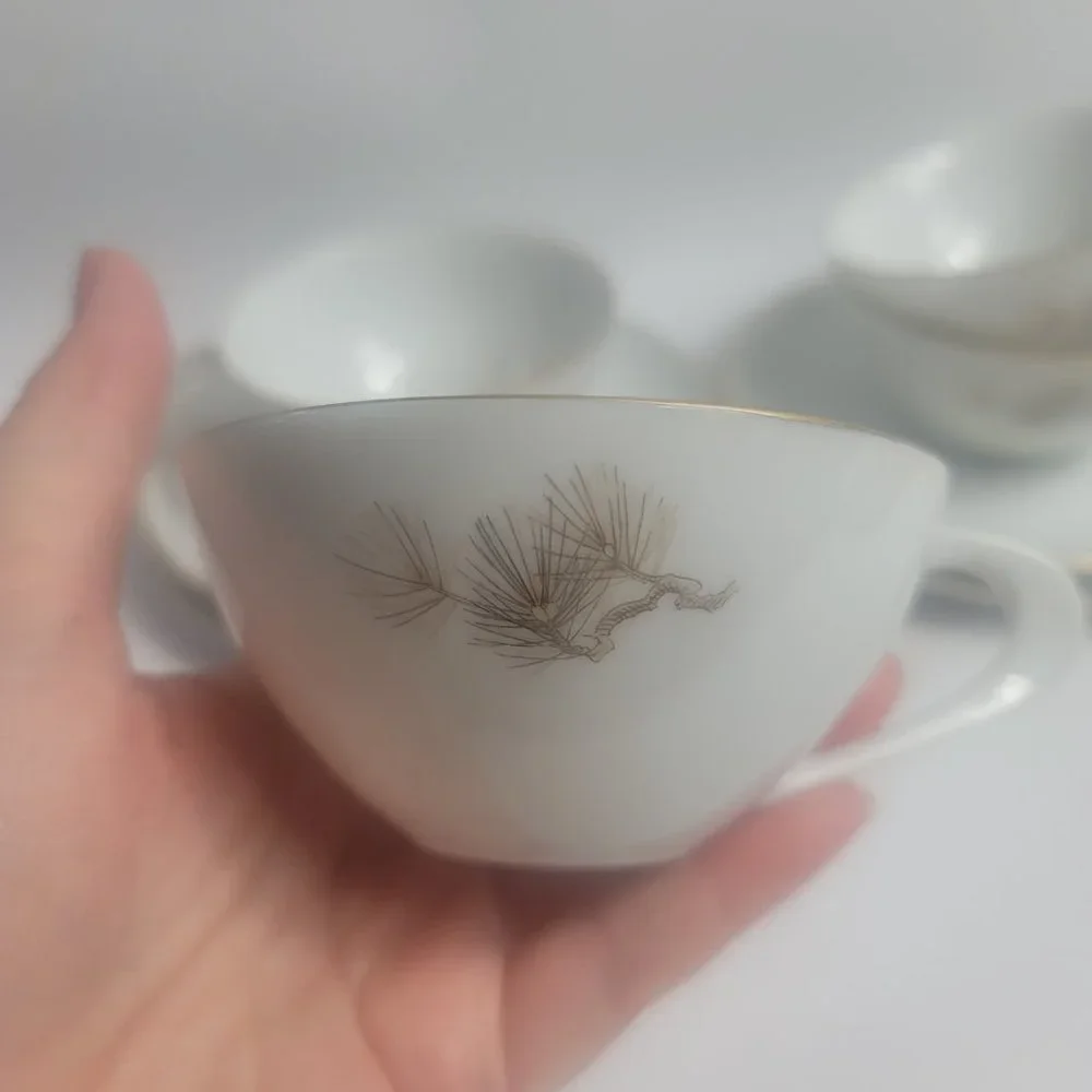 FOUR Sango Larchmont Cup & Saucer Sets White with Brown Pine Branch